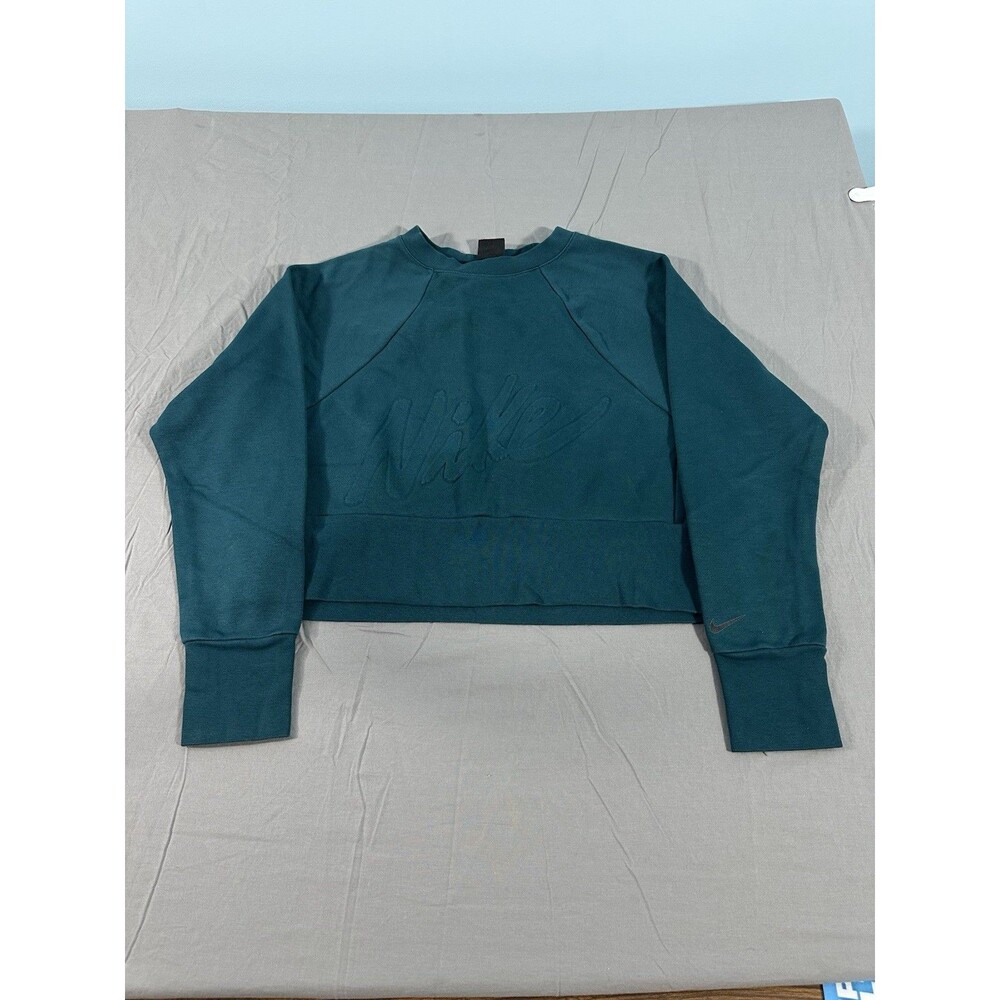 Nike Dri-FIT Women Cropped Crewneck Sweatshirt Small Teal Blue Embossed
